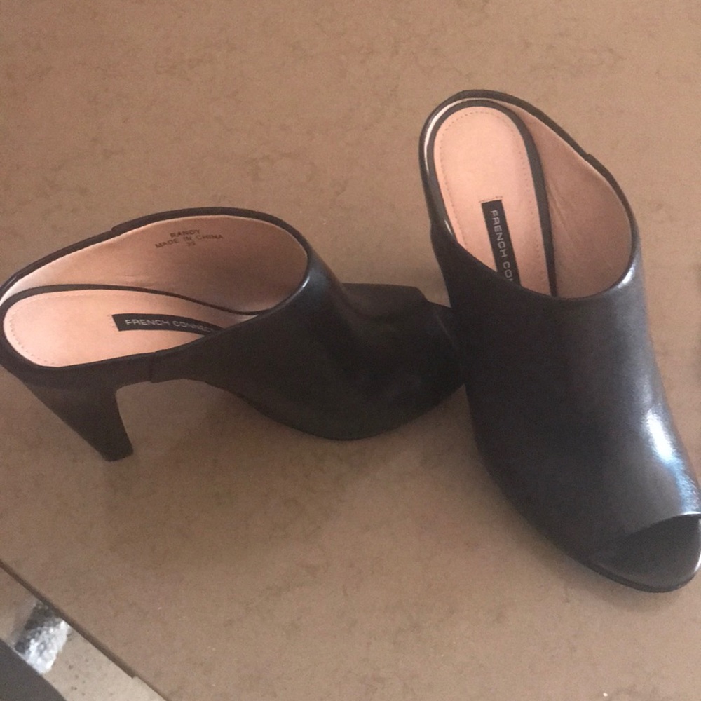 Black Leather slip on mules by French Connection